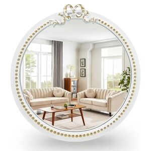Top City NWT 12" Round Bow & Beaded Design Wood Mirror In White/Gold